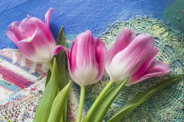 パターンを背景にバラチューリップと美しい組成物 春の花アート写真 — ストック写真