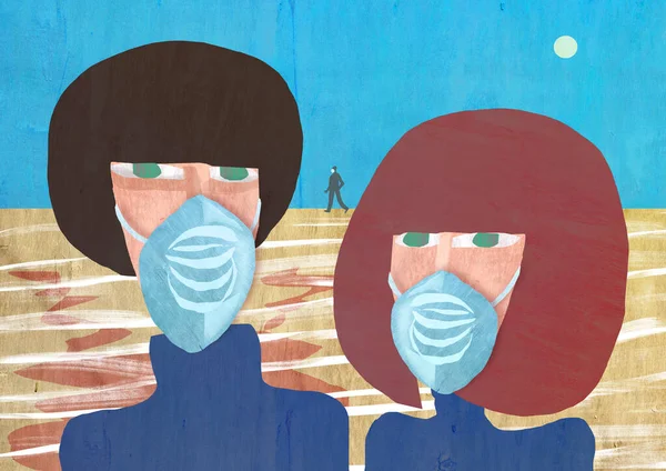 人们戴口罩以防止病毒 城市空气污染 蒸气和污染物的排放 遵守卫生标准 — 图库照片
