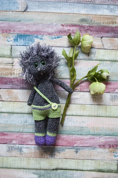 Crocheted hedgehog with anemone flower on wooden background. Handmade toy.
