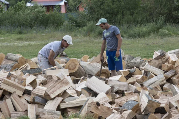 Young men split the wood in Romania — Stock Photo, Image
