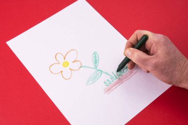 bir mum boya kalemi ile beyaz kağıt üzerine çizilmiş bir çiçek