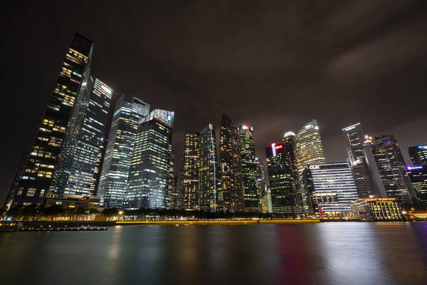 Singapore. January 2020. night view of Marina Bay skyscrapers