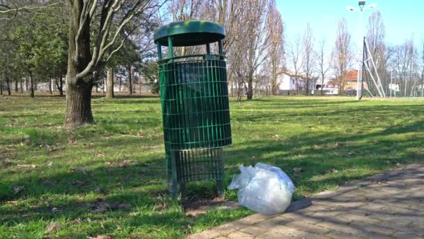 Mucha Basura Abandonada Fuera Una Papelera Parque — Vídeos de Stock