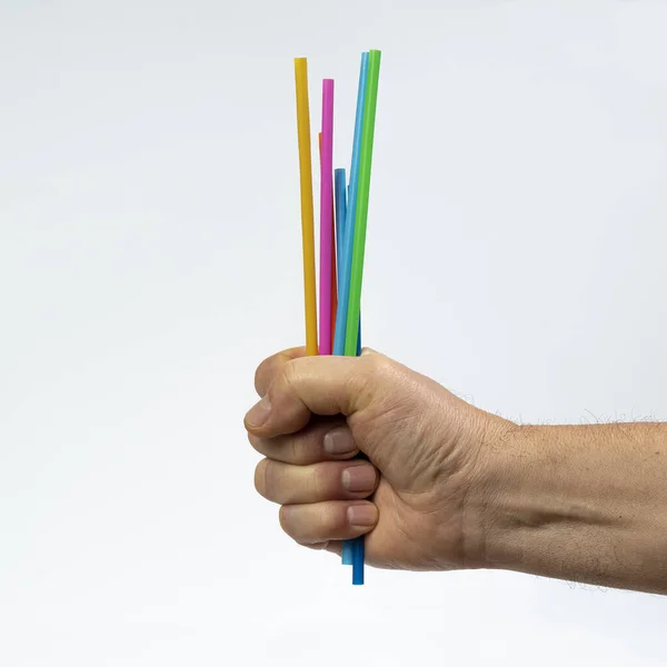 Enkele Gekleurde Plastic Rietjes Hand — Stockfoto