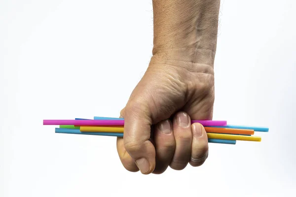 Enkele Gekleurde Plastic Rietjes Hand — Stockfoto