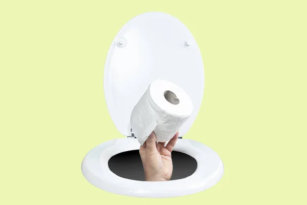 Hand Roll Toilet Paper Coming Out Toilet — Stock Photo, Image