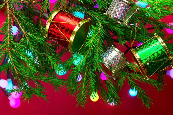Natal Colorido Cartão Ano Novo Com Árvore Evergreen Decorado Com — Fotografia de Stock
