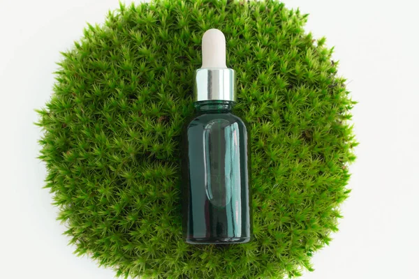 Top View Flat Lay Organic Green Oil Circle Green Moss — Stock Photo, Image