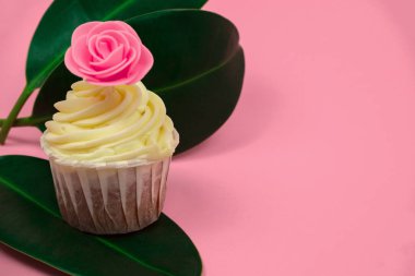 Gül ve tropikal yapraklarla süslenmiş, pastel pembe arka planda fotokopi alanı olan tatlı kek.