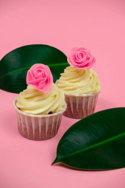 Güllerle süslenmiş tatlı kekler ve pastel pembe arka plan seçici odak üzerinde tropikal yapraklar.