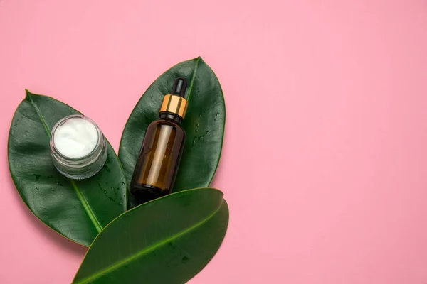 Üst görünüm minimal moda güzellik düzlüğü krema kavanozu ve yeşil tropikal yapraklar üzerinde pastel pembe arka planda gerekli yağ şişesiyle yatıyordu.