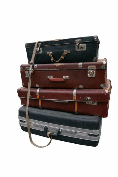 Egy Halom Vintage Bőrönd Kötél Izolátummal Fehér Alapon — Stock Fotó