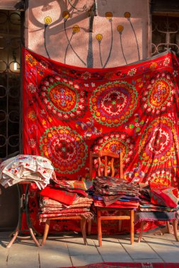 Tbilisi, Georgia, 17 December 2019 -  vintage style Oriental carpets on show case of a souvenir shop