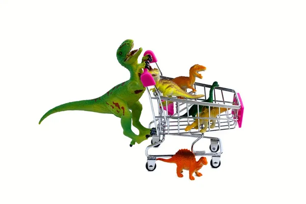Mãe Dinossauro Engraçado Com Muitas Crianças Rolar Crianças Carrinho Compras — Fotografia de Stock