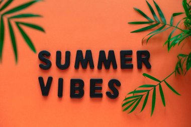 Üst görünüm düz yazı titreşimleri ve tropikal palmiye yaprakları çerçeve turuncu arkaplan