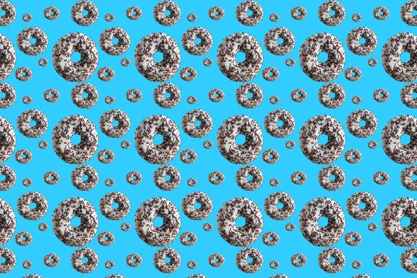 Veel Geglazuurde Donuts Een Blauwe Achtergrond Donuts Creatieve Patroon — Stockfoto