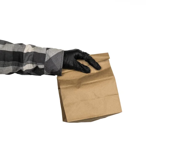 Courier Hand Latex Gloves Holds Paper Mock Bag Food Delivery — стоковое фото