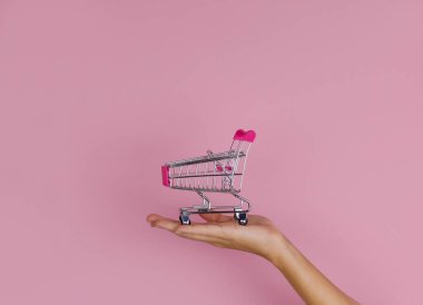 Pembe arka planda boş bir metal alışveriş arabası tutan kadın el, kopyalama alanı