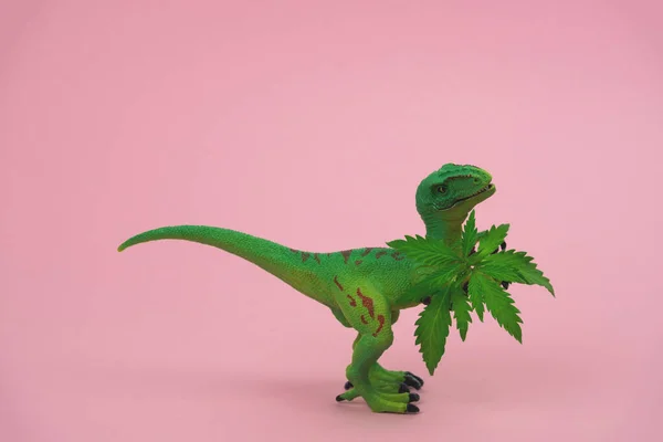 Lustiges Grünes Dinosaurier Spielzeug Mit Cannabis Grünen Blättern Auf Rosa — Stockfoto