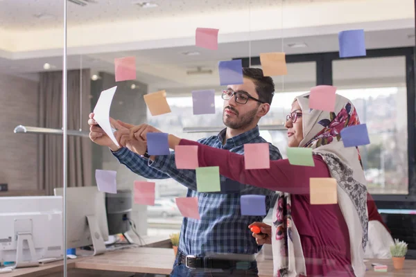 Zakelijke medewerkers bespreken ideeën over glazen wand met stic — Stockfoto