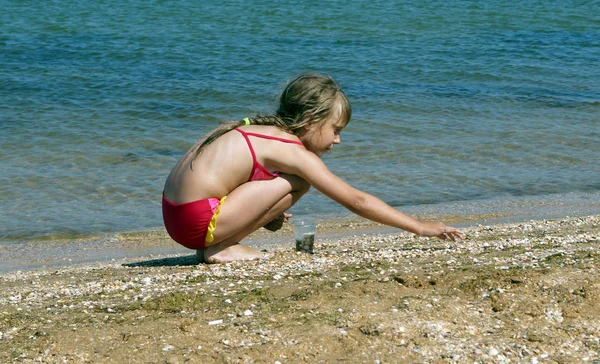 Κοριτσάκι Συλλέγει Κοχύλια Στην Παραλία — Φωτογραφία Αρχείου