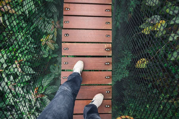 Człowiek spacerem na drewniany most na szczycie drzewa — Zdjęcie stockowe