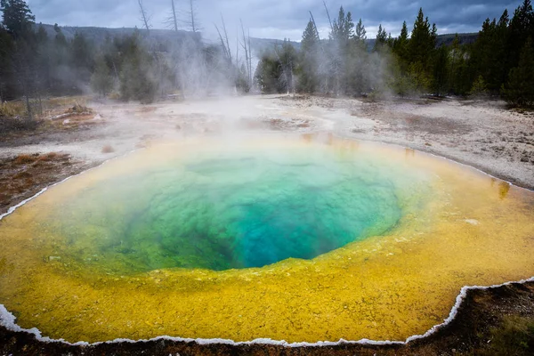 Kleurrijk geiser bekken met kokend water van geothermische warmte. — Stockfoto