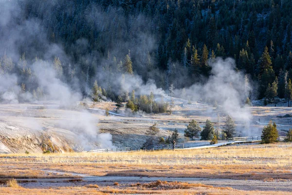 Ambiente dentro da área de Old Faithful geyser de manhã . — Fotografia de Stock