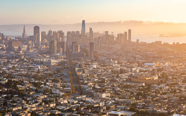 Aerial view over city of San Francisco, California, USA, looking from twin peaks view point in morning.