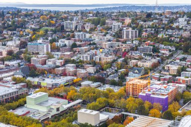 Seattle, Washington, USA - October 9, 2019: Aerial view of town in Seattle from Space Needle, small houses and buildings are on hill slope.