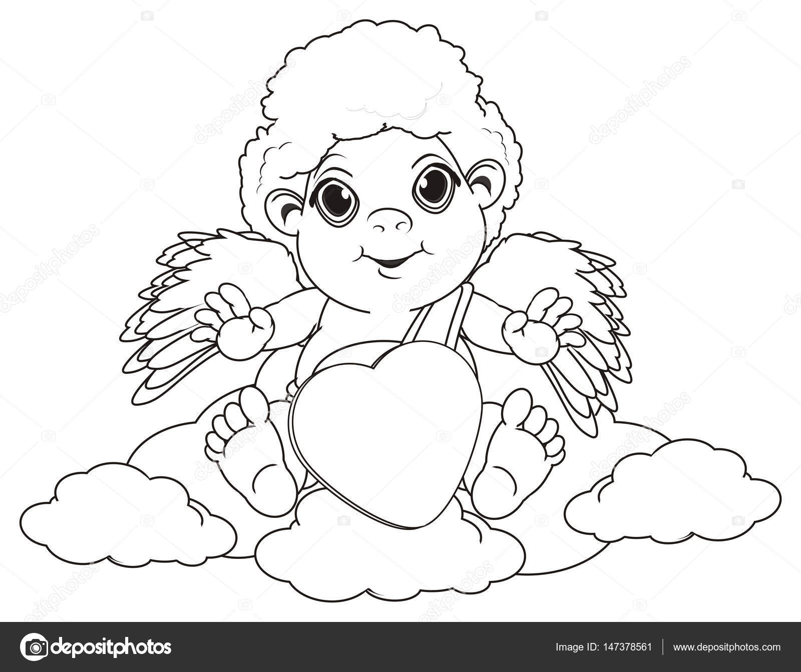 Cupido sorridente da colorare sedersi sul cloud con grande cuore — Foto di tatty77tatty
