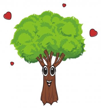 mutlu yüz ağaç stand ve kırmızı kalpler etrafında sinek