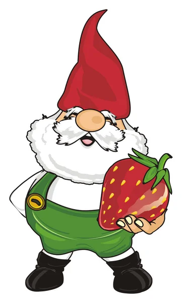 Gnome Heureux Tenir Une Grande Fraise Rouge — Photo