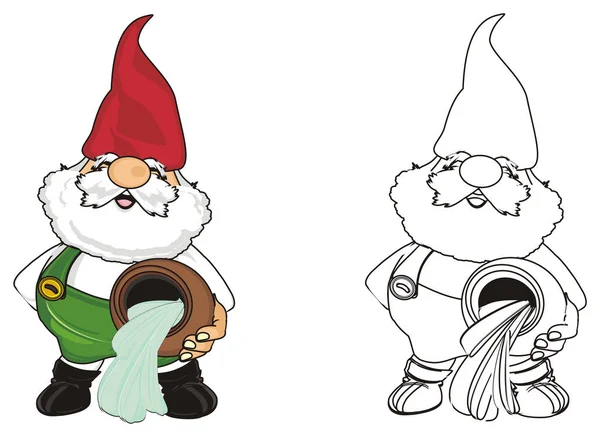 Färgade Gnome Med Kannan Och Coloring Gnome Med Kanna — Stockfoto