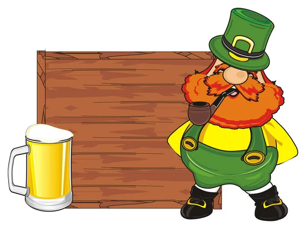 st. Patrick with pipe and beer stand near the clean wooden banner