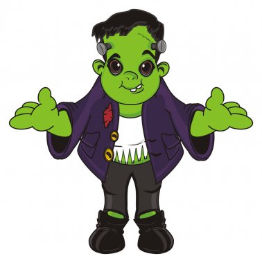 Beyaz bir arka plan üzerinde gülümseyen Frankenstein durmak