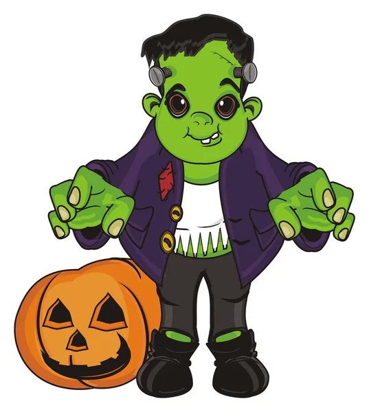 Feliz Frankenstein Con Gran Calabaza Naranja — Foto de Stock
