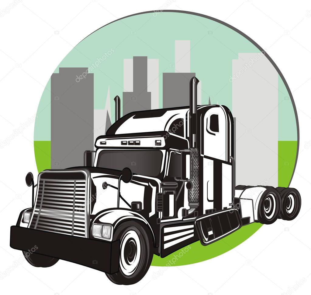 black and white  American trailer and colored icon of city