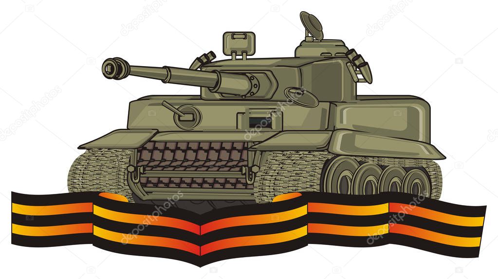 green army tank with victory ribbon