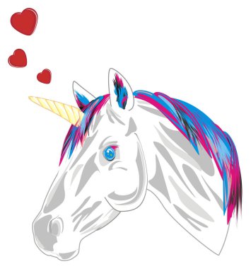 Tek boynuzlu at ve birçok kırmızı Kalpler