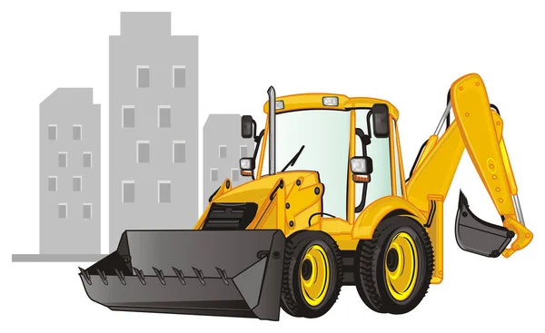 Yellow Excavator Gray Houses — Stock Photo, Image