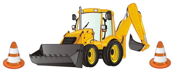 Yellow Excavator Two Large Orange Cones — Stock Photo, Image