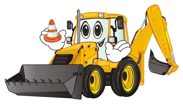Funny Face Yellow Excavator Hold Cone — Stock Photo, Image