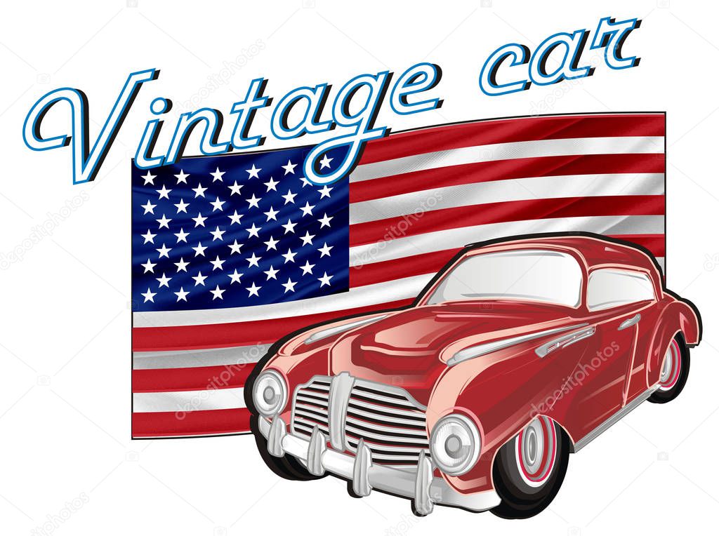 red retro car with USA flag and word vintage car