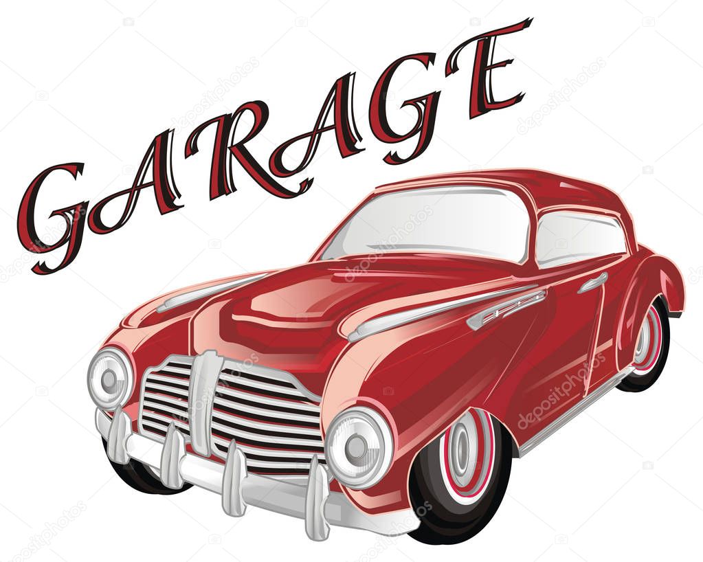 red retro car with icon and red word garage