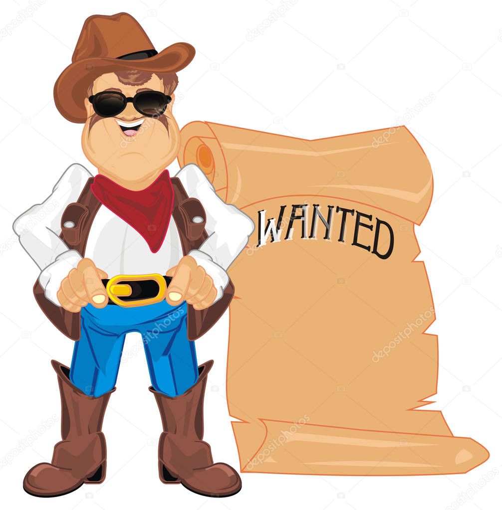 happy cowboy with large paper with word wanted