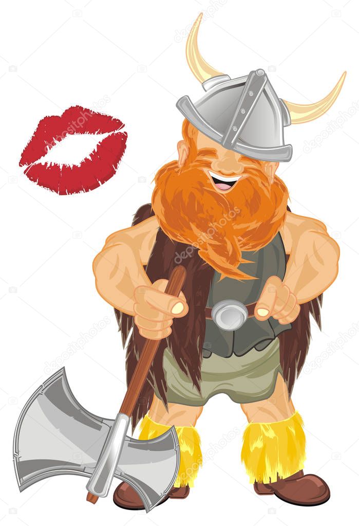 happy viking with red kiss and large ax