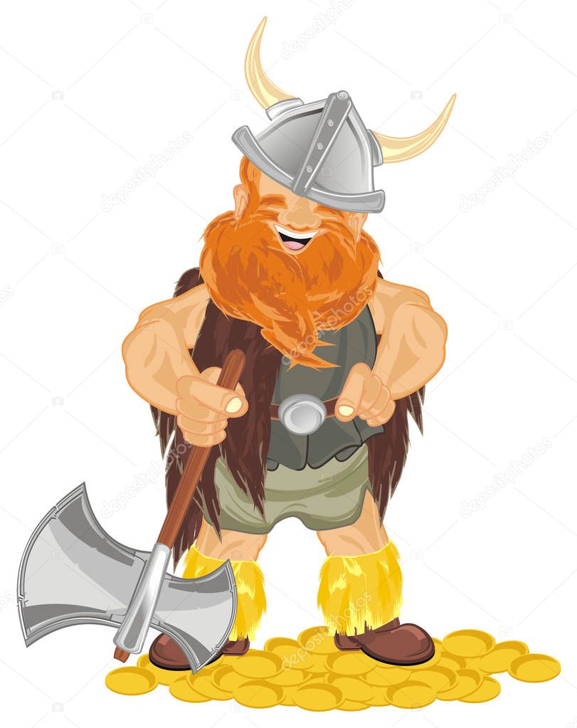happy viking with coins and ax