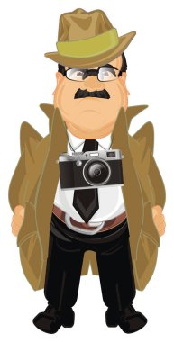 Dedektif ve boynunda eski fotoğraf makinesi ile