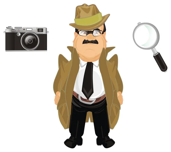 Detektiv Med Kamera Och Förstoringsglas — Stockfoto